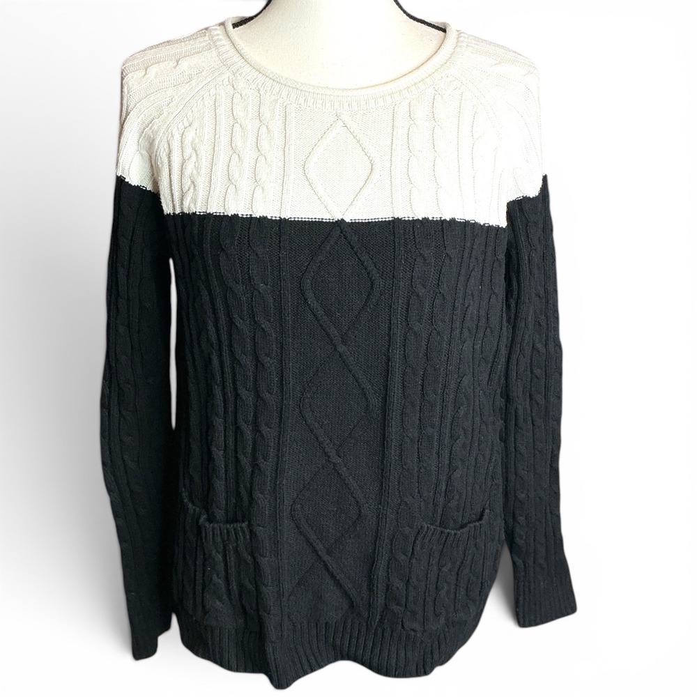 Croft & Barrow Black White Sweater Women Large Colorblock Cable Knit Pockets